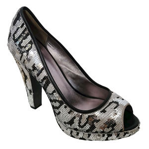COACH Ashley Sequined Animal Print Open‎ Toe Platform Pumps Women's Size 7.5B